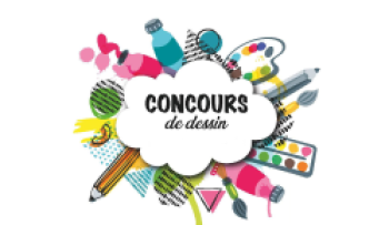 dessin de plusieurs feutres, crayons de couleurs et peinture qui annonce un concours de dessin